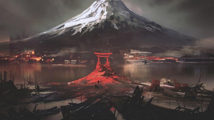 Mount Fuji with red torii gate and ruins
