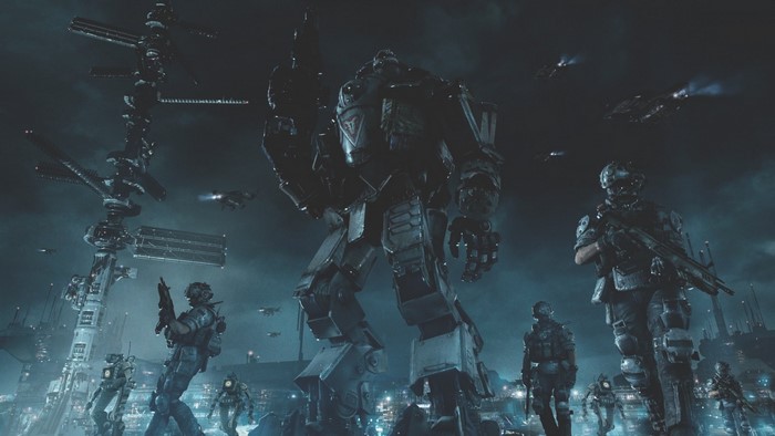 Titanfall screenshot with giant robot and soldiers