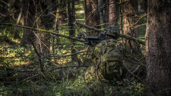 Soldier in camouflage aiming assault rifle in forest