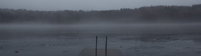 Misty lake with a wooden dock and forest