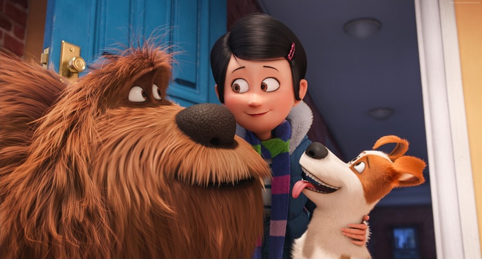 Max and Duke from The Secret Life of Pets with a girl