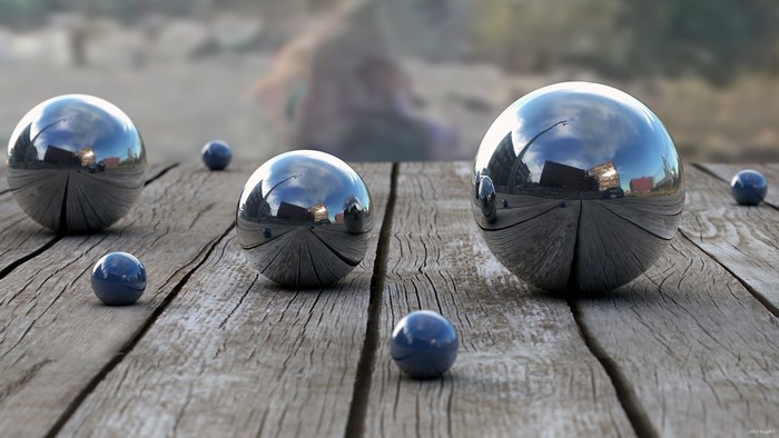 Reflective spheres on a wooden surface