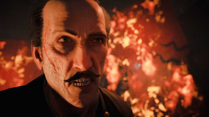 Man with scars and mustache in front of fire