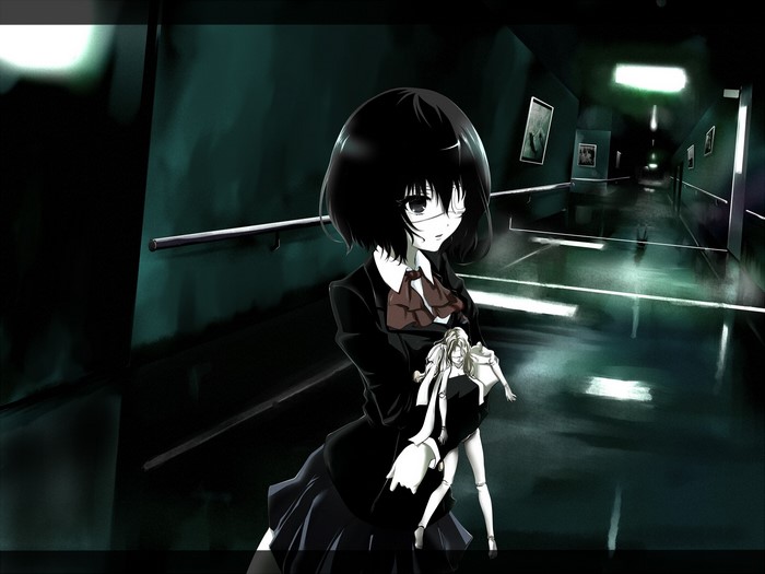 Misaki Mei from Another holding a doll in a dark hallway