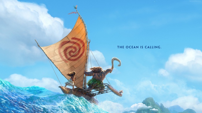 Moana and Maui sailing on the ocean