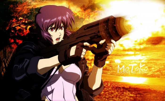 Motoko Kusanagi from Ghost in the Shell firing a weapon