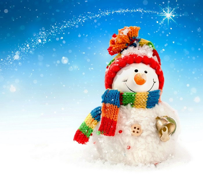 Smiling snowman with Christmas hat and scarf