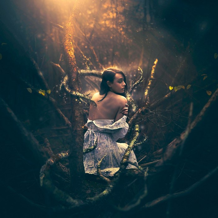 Woman in a dress in a dark forest with sunlight