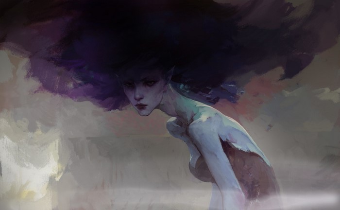 Artwork of a mythical creature with dark hair