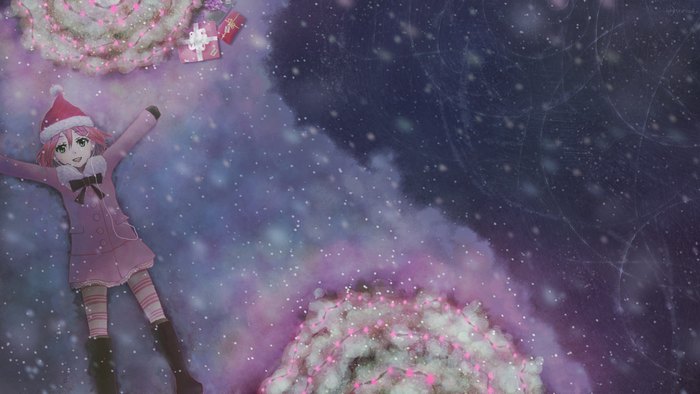 Pippi from Osu lying in snow with Christmas decorations