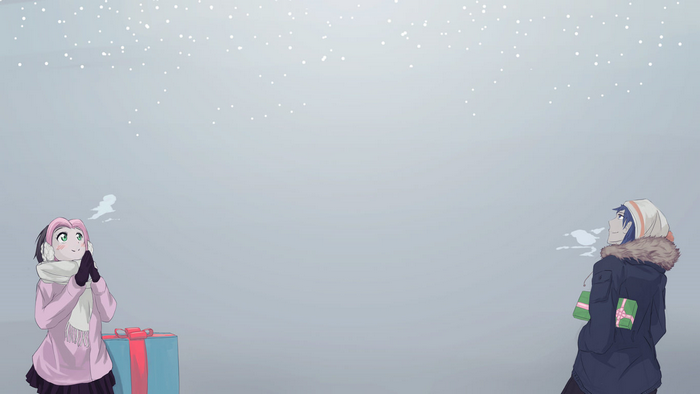 Anime characters with presents in the snow