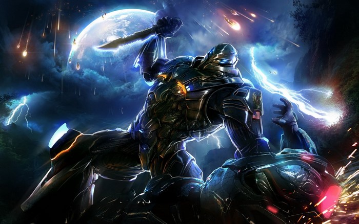 Mecha battle with lightning and meteors