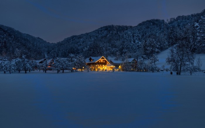Snowy village with illuminated houses at dusk