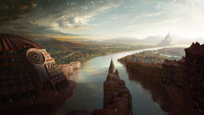 Fantasy cityscape with river and domed buildings