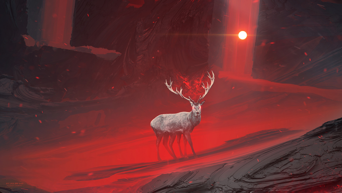 Artwork of a deer with glowing antlers in a red landscape