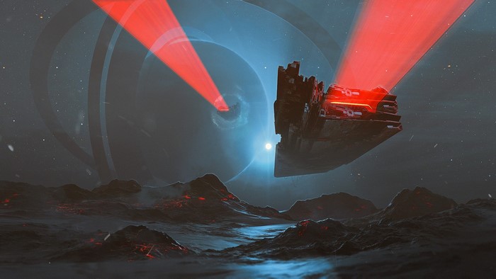 Futuristic spaceship firing red lasers over alien landscape