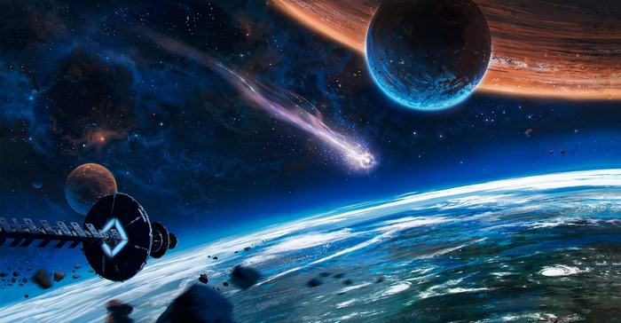 Spaceship near Earth with comet and planets
