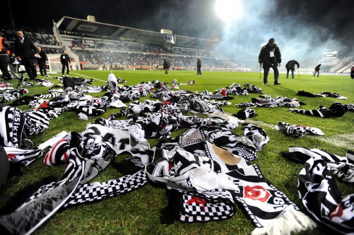 Besiktas J K soccer scarves on stadium field