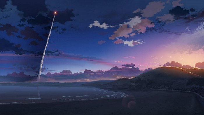 Anime landscape with rocket launch at sunset