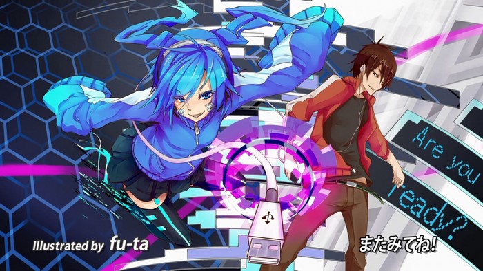 Anime characters with USB cable and digital background