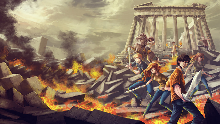 Characters from Percy Jackson and Heroes of Olympus in ruins