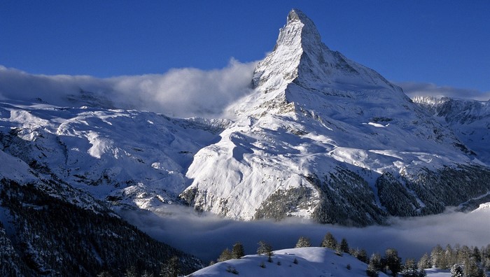 The Matterhorn mountain in the Swiss Alps covered in snow
