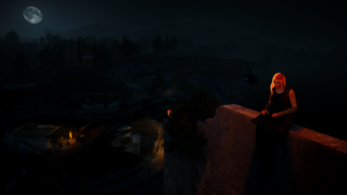 Woman sitting on a ledge at night in Black Desert