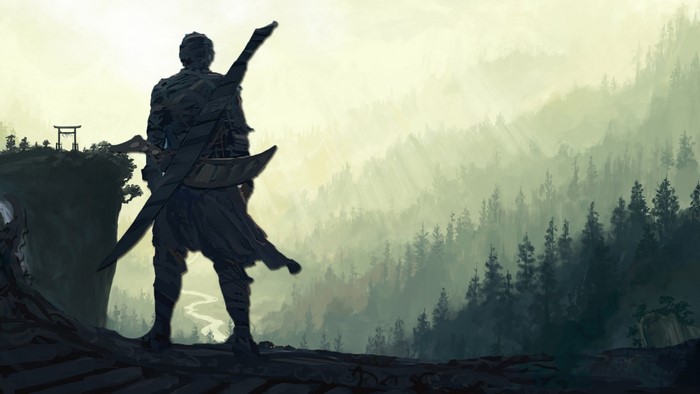 Warrior with swords overlooking misty mountains