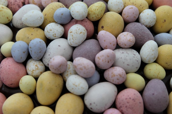 Colorful chocolate Easter eggs in a pile