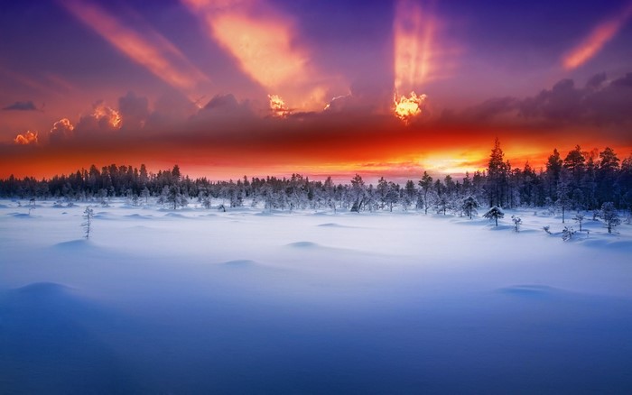 Winter sunset over a snowy forest and lake