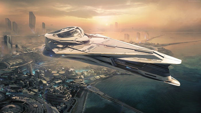 Star Citizen spaceship over futuristic city at sunset