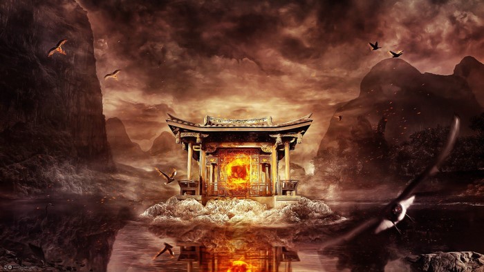 Temple with fiery portal in a mystical landscape