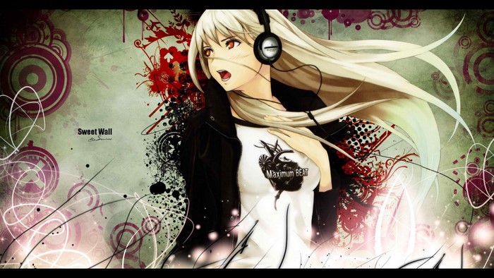 Anime girl with headphones and "Maximum Beat" shirt