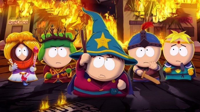 South Park characters in a burning town