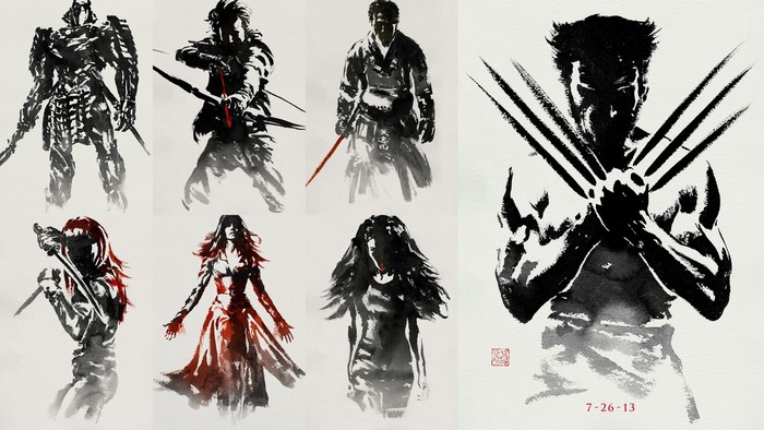 Wolverine and other characters in ink wash style