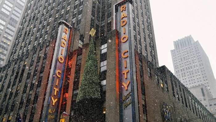 Radio City Music Hall during snowfall