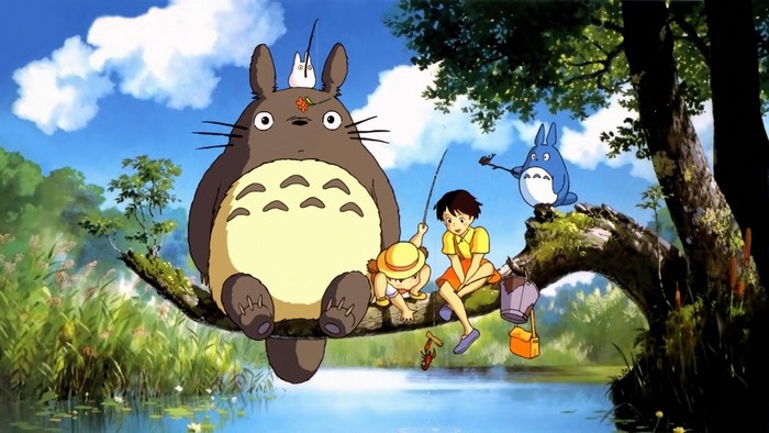 Totoro and friends fishing on a branch