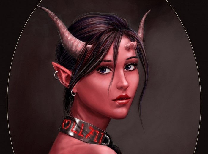Fantasy art illustration of a red-skinned woman with horns