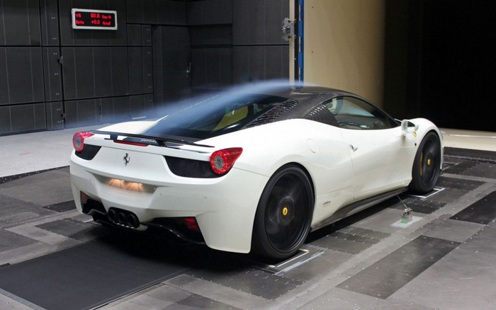 White Ferrari 458 in wind tunnel