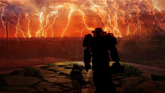 Power Armor soldier and dog in Fallout 4 during a lightning storm