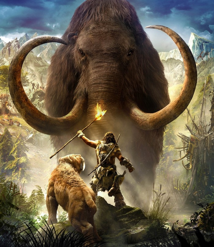 Far Cry Primal artwork: Mammoth, Saber-toothed Cat, and Warrior