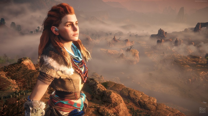 Aloy from Horizon Zero Dawn overlooking a misty landscape