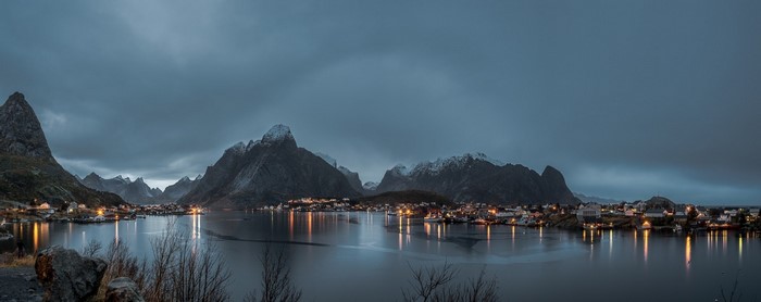 Panorama of Lofoten, Norway at dusk with mountains and sea