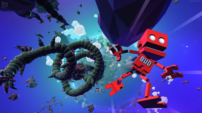 Red robot named BUD in space with alien structures