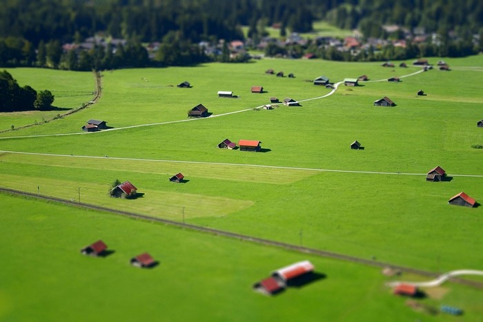 Tilt Shift Rural Landscape with Small Buildings