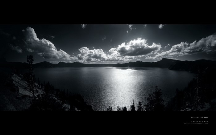 Crater Lake West monochrome landscape with clouds