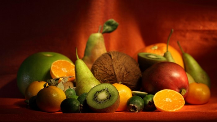 Still life painting of various fruits and a coconut