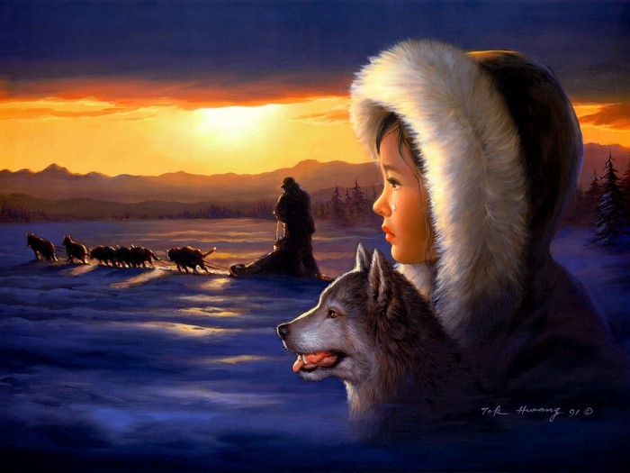 Girl and dog watch sled dogs at sunset
