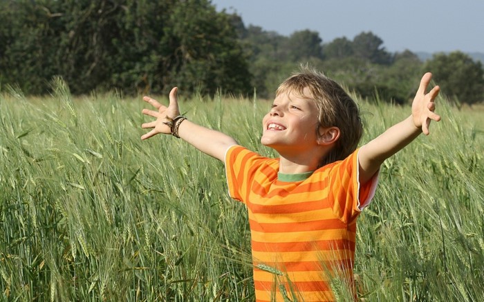 Boy with arms outstretched in a field