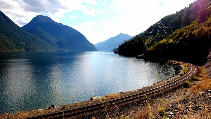 Train tracks along a lake with mountains and power lines